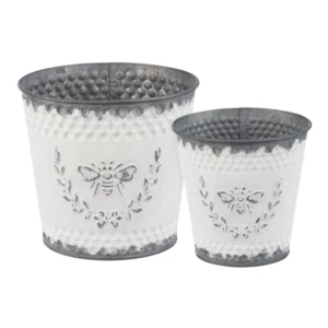Large and small nesting metal buckets with embossed bee designs