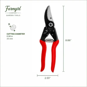 FELCO 5 bypass pruning shears showing 8.86-inch length, 2.55-inch width and 0.98-inch cutting capacity.