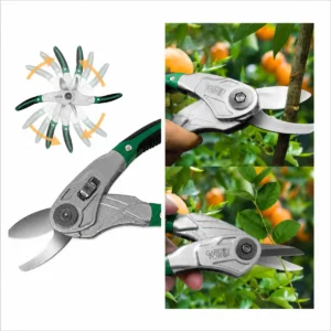 Garden Power 2-in-1 garden tool shown rotating between bypass pruner and precision shears for cutting branches and stems.