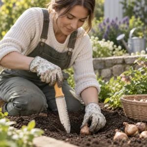 Gardener using a Hori Hori garden knife to plant flower bulbs in a garden bed