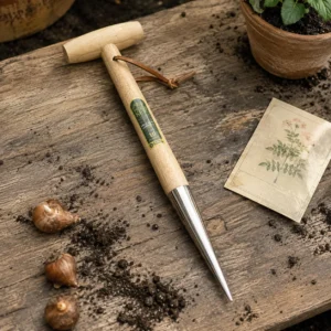Kew Gardens stainless steel dibber with planting bulbs and loose soil on a weathered wooden potting bench