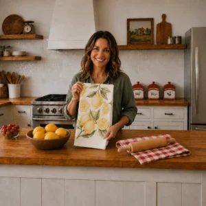 liz displaying folded lemon pattern kitchen towel v2
