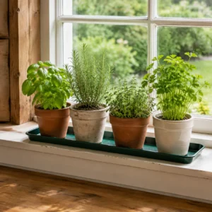 Dark green windowsill plant tray holding four potted herbs on a sunny farmhouse windowsill