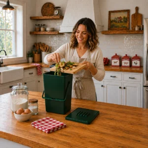 Woman adding vegetable scraps to a dark green odor-free compost bucket in a farmhouse kitchen