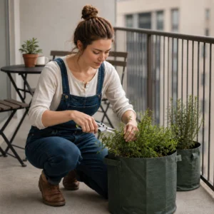 Woman using Spear & Jackson Kew Garden snips to trim herbs growing in fabric grow bags