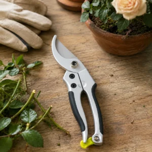 Spear & Jackson Kew Gardens bypass pruner on a wooden potting bench with freshly cut rose stems and gardening gloves