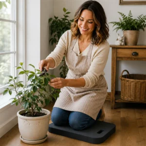 Woman kneeling on a Super Cushy Garden Kneeler while tending an indoor potted plant