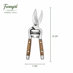 Wood handle pointed garden shears measuring 8 1/4 inches long by 1 7/8 inches widedimensions