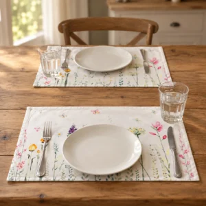 Botanical Fresh floral placemats arranged in a farmhouse table setting for two