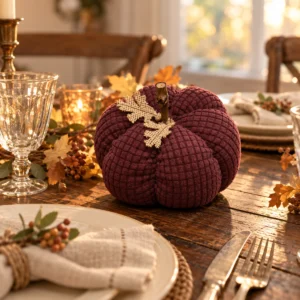 Burgundy waffle weave pumpkin with burlap leaves on a country wood table set with plates, linen napkins, and glasses for Thanksgiving.