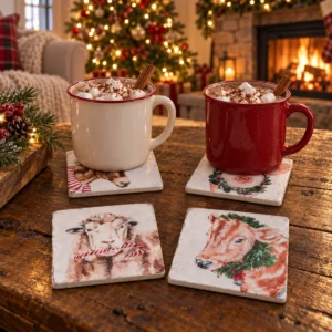 Four farm animal coasters on a wooden coffee table, two holding cocoa mugs, with a Christmas tree and fireplace behind them