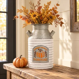 Farmers Market Pumpkins milk can filled with golden autumn flowers and berries on a rustic wooden console beside a small pumpkin.