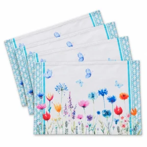 Set of four Flower in the Field cotton placemats with colorful watercolor wildflowers and blue borders