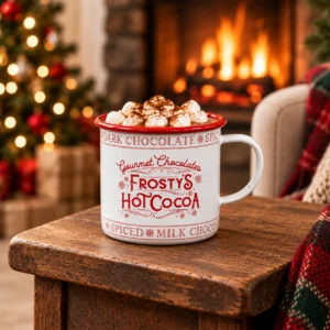 Frosty’s Hot Cocoa enamel mug beside a fireplace and Christmas tree