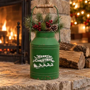 Green Merry Christmas milk can filled with pine, red berries, and pinecones on a stone hearth beside a glowing fireplace.