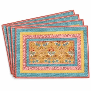 Set of four Marquise cotton placemats with colorful floral and ornamental borders