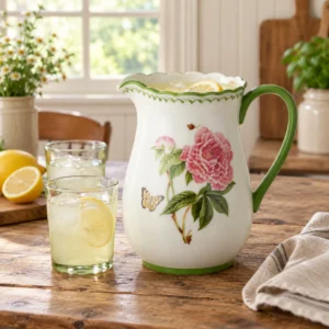 Mirabella floral porcelain pitcher serving iced lemonade in a farmhouse kitchen
