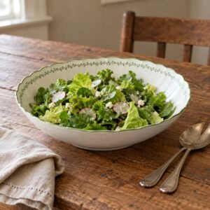 Mirabella porcelain serving bowl filled with green salad on a farmhouse table