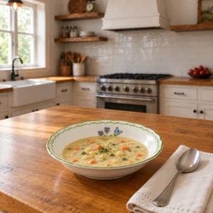Mirabella porcelain soup bowl filled with creamy vegetable soup in a farmhouse kitchen