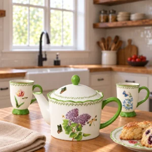 Mirabella floral porcelain teapot with footed mugs and pastries in a country kitchen
