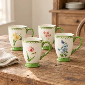 Set of four Mirabella floral footed mugs with green handles on a rustic wooden farmhouse table.