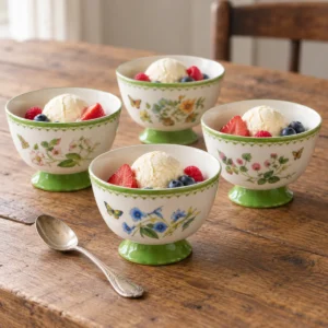 Set of four Mirabella footed bowls filled with vanilla ice cream and fresh berries.