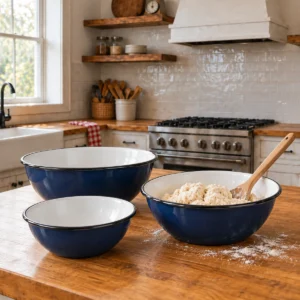 Navy blue enamel mixing bowl set with biscuit dough in a farmhouse kitchen