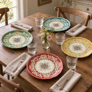 Four colorful Provence dinner plates arranged on a country dining table