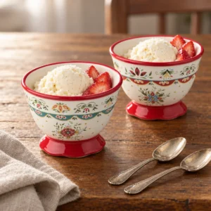 Provence footed ice cream bowls filled with vanilla ice cream and fresh strawberries