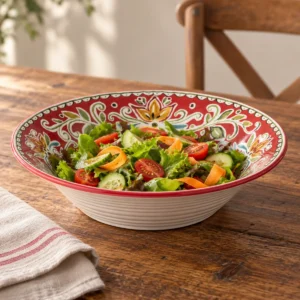 Provence ceramic serving bowl filled with fresh garden salad on a rustic wooden table