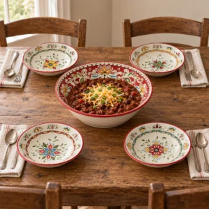 Four Provence soup bowl place settings with a matching serving bowl filled with chili