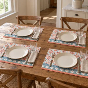 Four Romane Fall cotton placemats arranged with cream dishes on a wooden country dining table