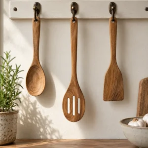 Wooden slotted spoon hanging with coordinating utensils from farmhouse kitchen hooks.