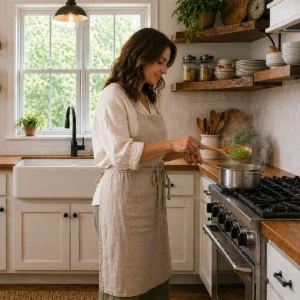 Woman using a wooden strainer spoon to lift peas from a pot in a farmhouse kitchen