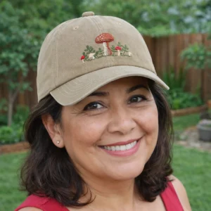 Woman wearing a stonewashed tan baseball cap with embroidered woodland mushrooms in a garden