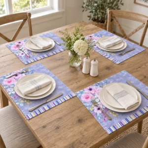 Sweet Rose Lavender cotton placemats set of 4 styled on a farmhouse dining table