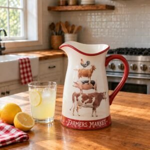 Vintage Farm ceramic pitcher with ice, served beside a glass of lemonade on a country kitchen table.