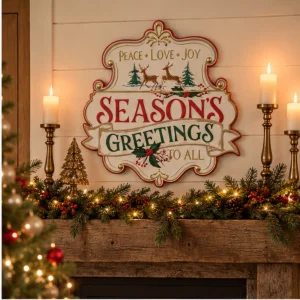 Season’s Greetings metal Christmas sign displayed above a rustic mantel with evergreen garland and candles