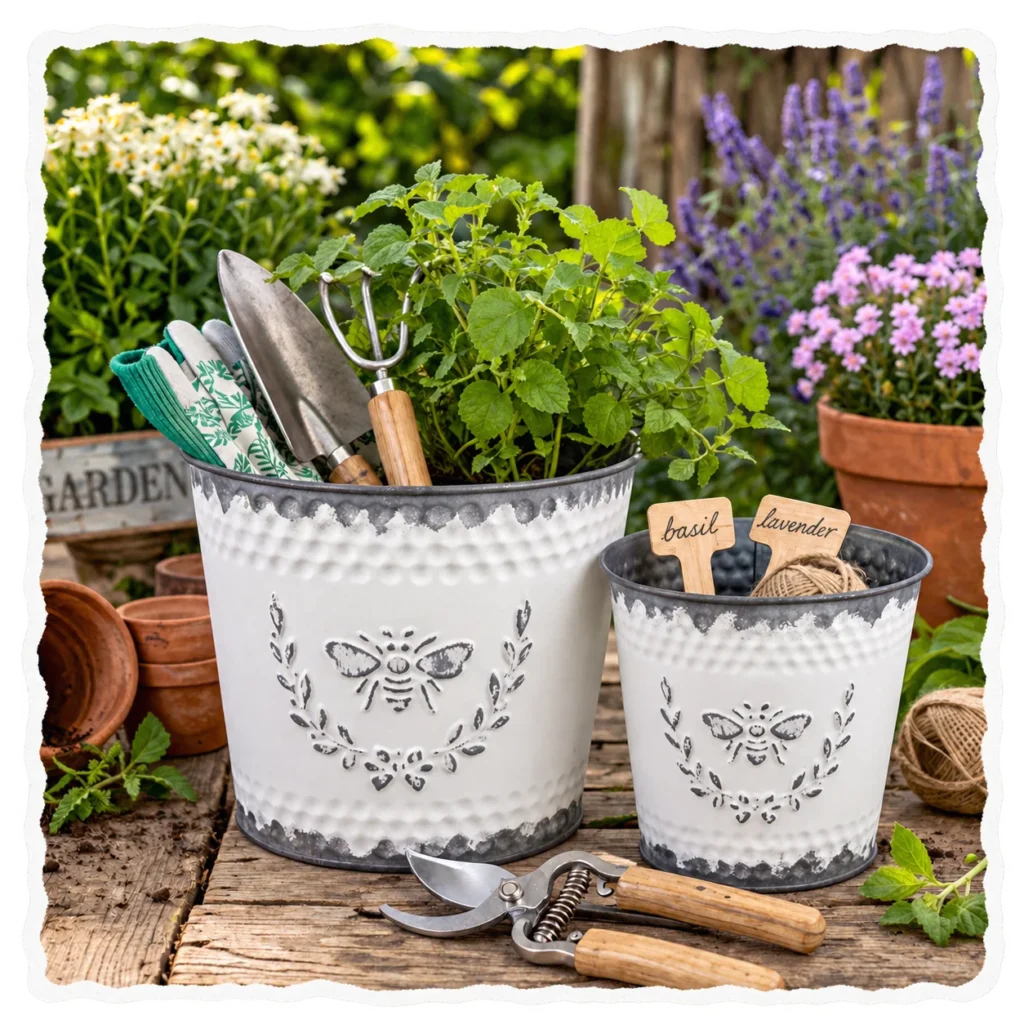 bee buckets garden decor torn paper