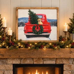 Golden dog Christmas truck wood sign displayed above a farmhouse Christmas mantel