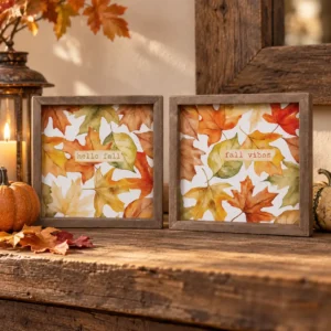 Hello Fall and Fall Vibes wood box signs styled in a rustic farmhouse fall display