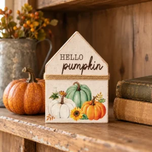 Hello Pumpkin chunky house sitter styled on a rustic farmhouse shelf with pumpkin and books