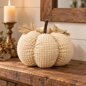 Ivory waffle weave pumpkin with burlap leaves styled on a rustic mantel beside a candle.