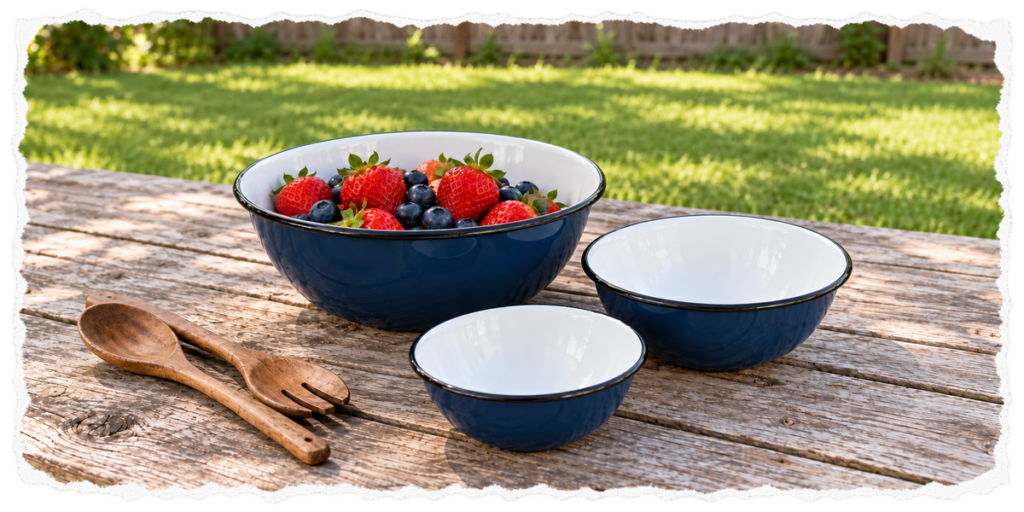 navy enamel bowls berries white torn paper
