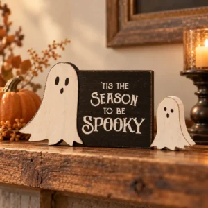 Spooky Season ghost block and sitter displayed on rustic Halloween mantel